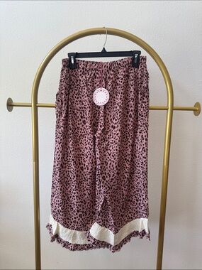 Umgee Pink Leopard Print Wide Leg Pants with Cream Trim